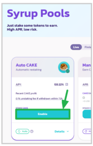 پنکیک سواپ (Pancake Swap) چیست و چه کاربردهایی دارد؟ 9 دکمه Enable، گزینه Stake را نشان میدهد.